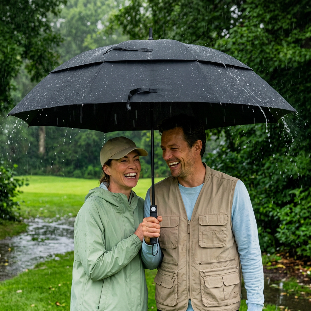 Simply Storm covering two people in the rain