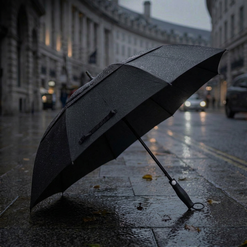Simply Storm vented double canopy on a wet street